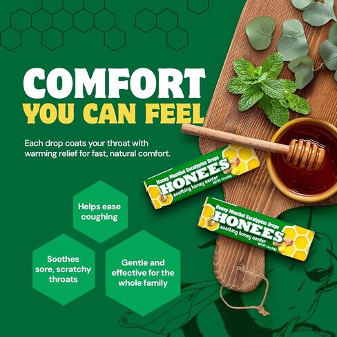 قطرات الحلق المهدئة بالعسل والزنجبيل من هونيز، 12 قطعة، مركز العسل المهدئ، مصنوع من الزنجبيل الحقيقي in Kuwait