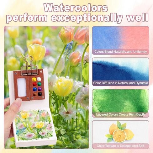 مجموعة ألوان مائية صغيرة، مجموعة سفر صغيرة من لوحة الطلاء الصغيرة، مجموعة سفر محمولة للجيب للفنانين بألوان مائية مع 24 لونًا، دفتر رسم، قلم ألوان مائية، 15 صندوق طلاء شبكي للرسامين والفنانين in Kuwait