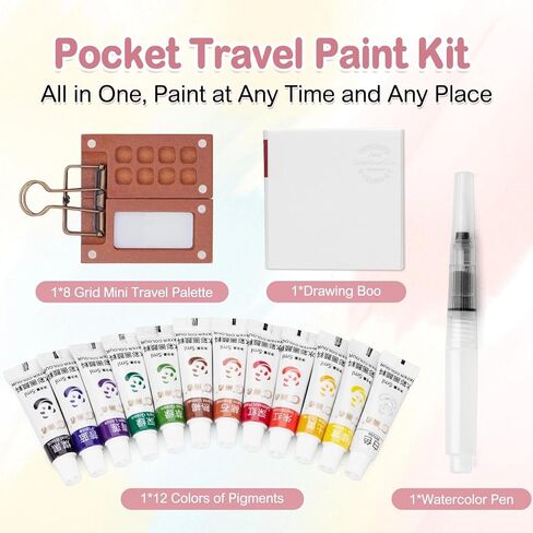 مجموعة ألوان مائية صغيرة، مجموعة سفر صغيرة من لوحة الطلاء الصغيرة، مجموعة سفر محمولة للجيب للفنانين بألوان مائية مع 24 لونًا، دفتر رسم، قلم ألوان مائية، 15 صندوق طلاء شبكي للرسامين والفنانين in Kuwait