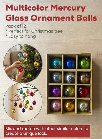 Serene Spaces Living 12pcs Multicolor Mercury Glass Ornament Set, Christmas Decorations, 2" Diameter in Saudi Arabia