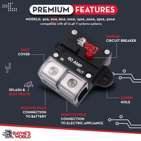 Rayne's World 250 Amp 12V-48V DC Inline Circuit Breaker with Dust Cover & Manual Reset - Great for Car Audio/Stereo Systems, Solar Power Systems, Automotive, ATV, Marine, Boat Trolling Motors in Saudi Arabia