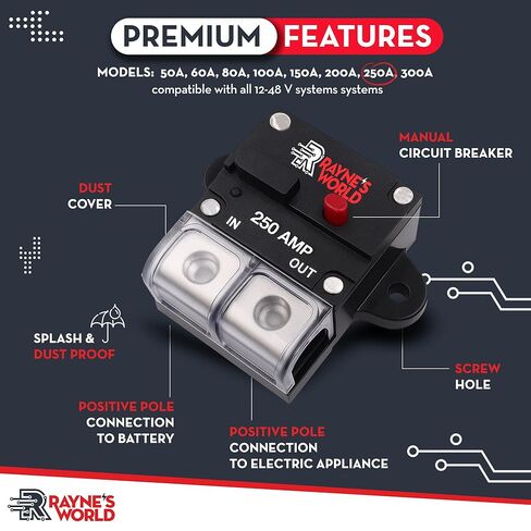 Rayne's World 250 Amp 12V-48V DC Inline Circuit Breaker with Dust Cover & Manual Reset - Great for Car Audio/Stereo Systems, Solar Power Systems, Automotive, ATV, Marine, Boat Trolling Motors in Saudi Arabia