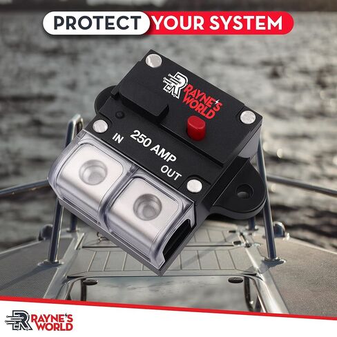 Rayne's World 250 Amp 12V-48V DC Inline Circuit Breaker with Dust Cover & Manual Reset - Great for Car Audio/Stereo Systems, Solar Power Systems, Automotive, ATV, Marine, Boat Trolling Motors in Saudi Arabia
