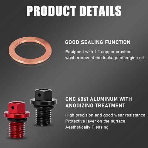 مسمار قابس تصريف الزيت المغناطيسي M12x1.5 للدراجة الترابية، مسمار وعاء زيت ألومنيوم CNC 6061 مع غسالة نحاسية مطحونة لـ CRF50F/CRF250L/XR50/XR70R/XR500/XR250R/XR400R/XR650L/CR85R/CR500/CBR600RR-أحمر in Saudi Arabia