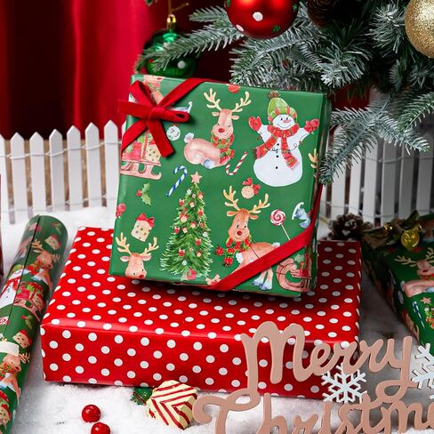 لفة ورق تغليف عيد الميلاد باللونين الأخضر والأحمر - لفة صغيرة - غلاف هدايا قابل للعكس مع الرنة، رجل الثلج، شجرة عيد الميلاد، نقاط البولكا - مثالية لفصل الشتاء - 17 بوصة × 33 قدمًا in Kuwait