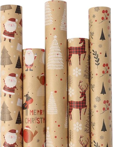 Qukou 5 Rolls Christmas Wrapping Paper with Cut Lines on Reverse, Colorful Black Gold Silver Coated Gift Wrap Paper Roll with Reindeer, Woodlands, Snowflake 17 Inch x 3m in Kuwait