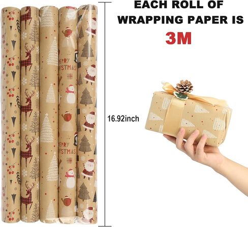 Qukou 5 Rolls Christmas Wrapping Paper with Cut Lines on Reverse, Colorful Black Gold Silver Coated Gift Wrap Paper Roll with Reindeer, Woodlands, Snowflake 17 Inch x 3m in Kuwait