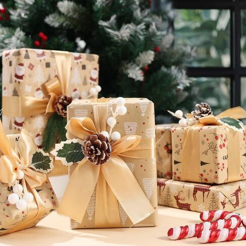 Qukou 5 Rolls Christmas Wrapping Paper with Cut Lines on Reverse, Colorful Black Gold Silver Coated Gift Wrap Paper Roll with Reindeer, Woodlands, Snowflake 17 Inch x 3m in Kuwait