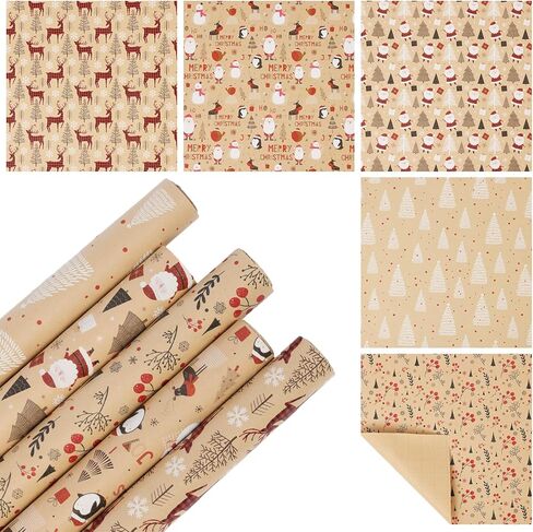 Qukou 5 Rolls Christmas Wrapping Paper with Cut Lines on Reverse, Colorful Black Gold Silver Coated Gift Wrap Paper Roll with Reindeer, Woodlands, Snowflake 17 Inch x 3m in Kuwait