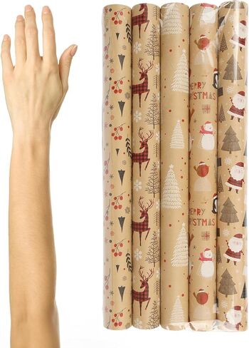 Qukou 5 Rolls Christmas Wrapping Paper with Cut Lines on Reverse, Colorful Black Gold Silver Coated Gift Wrap Paper Roll with Reindeer, Woodlands, Snowflake 17 Inch x 3m in Kuwait