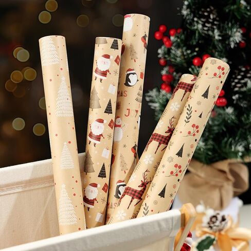 Qukou 5 Rolls Christmas Wrapping Paper with Cut Lines on Reverse, Colorful Black Gold Silver Coated Gift Wrap Paper Roll with Reindeer, Woodlands, Snowflake 17 Inch x 3m in Kuwait