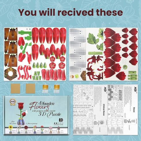 Jege 3D Flowers Wooden Puzzles for Adults,DIY Wooden 2 Flowers per Kit Building Set for Home Decor, Creative Craft Gift Toys Kits with 2 Perfume Bottles and Diffuser Sticks (Rose + Hydrangea) in Saudi Arabia