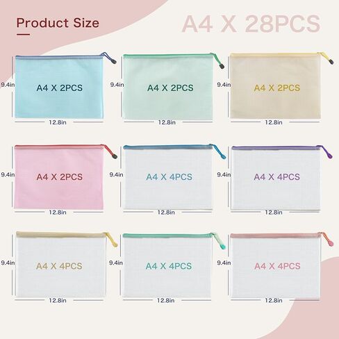 28pcs Mesh Zipper Pouch File Bags, A4 Letter Size Zipper Bags for Organizing Storage, Waterproof Document Zipper Pouches for School, Puzzle, Board Games and Office Supplies in Saudi Arabia