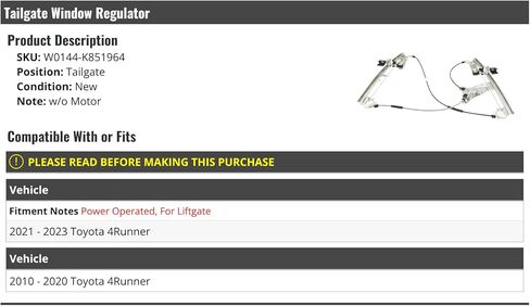 Tailgate Window Regulator - Compatible with 2010-2023 Toyota 4Runner (Power Operated, For Liftgate) in Saudi Arabia