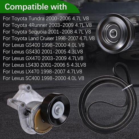 90K-38488 Serpentine Belt Drive Tensioner Pulley Component Kit Fit for 1998-2009 Toyota Tundra 4Runner Sequoia Land Cruiser for Lexus LX470 GX470 LS430 GS430 GS400 4.0L 4.3L 4.7L V8#89255 38488 in Saudi Arabia