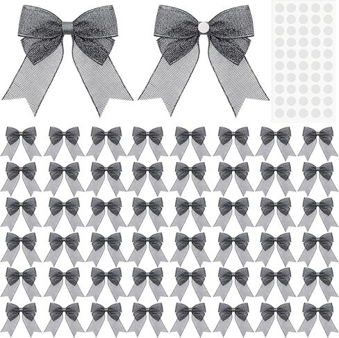 50 Pcs 3.3×3.3" Christmas Bows for Crafts with Glue Points Gift Wrap Bows Mesh Ribbon Gift Boxes Bag Packaging Party Supplies Decoration DIY Crafts Christmas(Silver) in Saudi Arabia
