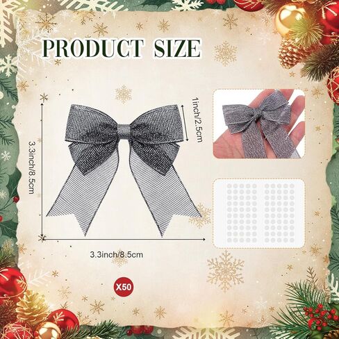 50 Pcs 3.3×3.3" Christmas Bows for Crafts with Glue Points Gift Wrap Bows Mesh Ribbon Gift Boxes Bag Packaging Party Supplies Decoration DIY Crafts Christmas(Silver) in Saudi Arabia