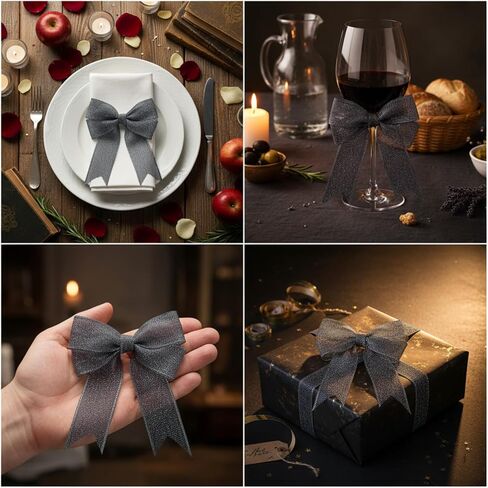 50 Pcs 3.3×3.3" Christmas Bows for Crafts with Glue Points Gift Wrap Bows Mesh Ribbon Gift Boxes Bag Packaging Party Supplies Decoration DIY Crafts Christmas(Silver) in Saudi Arabia