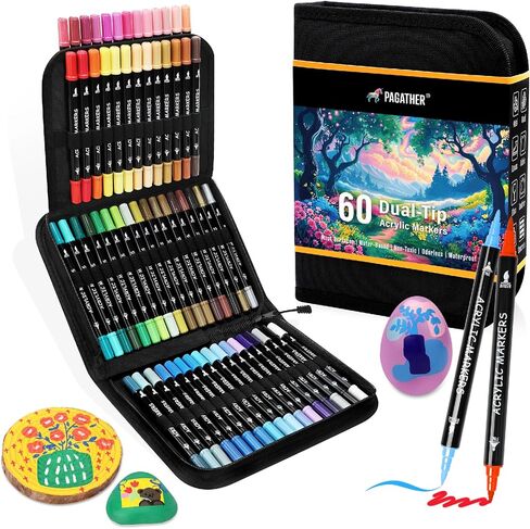 Pagather 36 Colors Acrylic Paint Markers, Dual Tip with Fine Tip and Brush Tip Pens for Fabric, Stone, Wood, Canvas, Ceramic, Metal, Glass, Rock Painting, DIY Crafts in Saudi Arabia