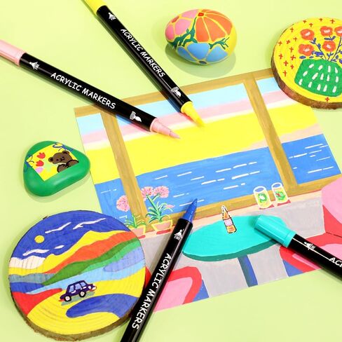 Pagather 36 Colors Acrylic Paint Markers, Dual Tip with Fine Tip and Brush Tip Pens for Fabric, Stone, Wood, Canvas, Ceramic, Metal, Glass, Rock Painting, DIY Crafts in Saudi Arabia