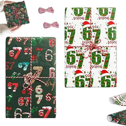 قطعتان من ورق تغليف عيد الميلاد 67، ورق تغليف، 67 ميمي غلاف هدايا عيد الميلاد المضحك للأطفال، سانتا 67 ميمي، مضحك ستة سبعة عطلة (36 بوصة * 2 أبيض) in Kuwait