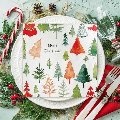 JSDJ 80 عبوة من مناديل عيد الميلاد، مناشف يد ورقية لشجرة الشتاء والرنة، مناديل للاستعمال مرة واحدة لحفلات الكوكتيل والغداء، ديكور لطيف لعيد الميلاد لمستلزمات حفلات العشاء وأعياد الميلاد، 6.5 × 6.5 بوصة in Kuwait