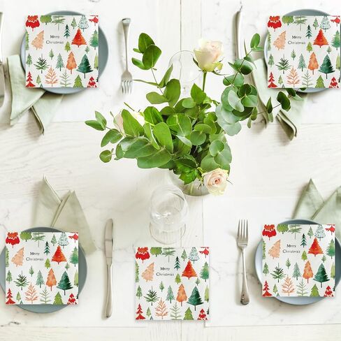 JSDJ 80 عبوة من مناديل عيد الميلاد، مناشف يد ورقية لشجرة الشتاء والرنة، مناديل للاستعمال مرة واحدة لحفلات الكوكتيل والغداء، ديكور لطيف لعيد الميلاد لمستلزمات حفلات العشاء وأعياد الميلاد، 6.5 × 6.5 بوصة in Kuwait