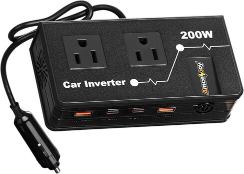 محول طاقة السيارة 200 وات، محول مخرج السيارة Amcelooy Dual DC 12V إلى 110V AC إلى قابس الحائط، شحن سريع 24W USB-C ومنافذ USB، محول شاحن محمول مع أجهزة الكمبيوتر المحمولة والهواتف (أزرق) in Kuwait