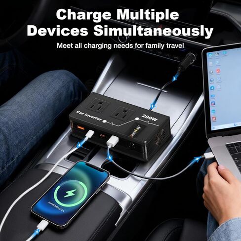 محول طاقة السيارة 200 وات، محول مخرج السيارة Amcelooy Dual DC 12V إلى 110V AC إلى قابس الحائط، شحن سريع 24W USB-C ومنافذ USB، محول شاحن محمول مع أجهزة الكمبيوتر المحمولة والهواتف (أزرق) in Kuwait