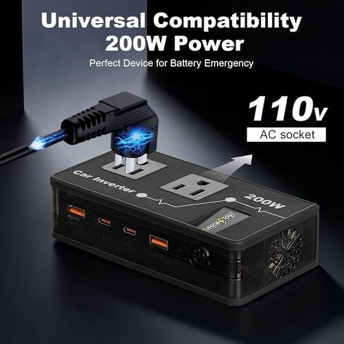 محول طاقة السيارة 200 وات، محول مخرج السيارة Amcelooy Dual DC 12V إلى 110V AC إلى قابس الحائط، شحن سريع 24W USB-C ومنافذ USB، محول شاحن محمول مع أجهزة الكمبيوتر المحمولة والهواتف (أزرق) in Kuwait