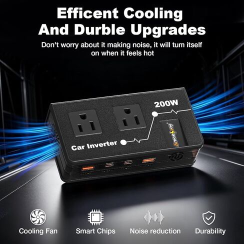 محول طاقة السيارة 200 وات، محول مخرج السيارة Amcelooy Dual DC 12V إلى 110V AC إلى قابس الحائط، شحن سريع 24W USB-C ومنافذ USB، محول شاحن محمول مع أجهزة الكمبيوتر المحمولة والهواتف (أزرق) in Kuwait