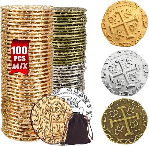 Large Metal Pirate Coins Gold Treasure Coin Set, Metal Replica Spanish Doubloons for Board Games, Tokens,Realistic Money Imitation for Treasure Chest - Size 1.18" (Gold 12/Silver 12/Bronze 12) in Saudi Arabia