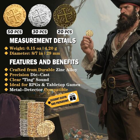 Large Metal Pirate Coins Gold Treasure Coin Set, Metal Replica Spanish Doubloons for Board Games, Tokens,Realistic Money Imitation for Treasure Chest - Size 1.18" (Gold 12/Silver 12/Bronze 12) in Saudi Arabia