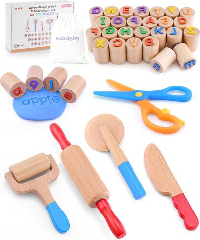 Wooden Dough Tool Kit for Kids, Dough Play Accessories with Rolling Pins, Pizza Cutter, Safety Scissors & 26 Letter Stamps, Educational Alphabet Learning Toys Gift for Toddlers Ages 3–6 in Saudi Arabia