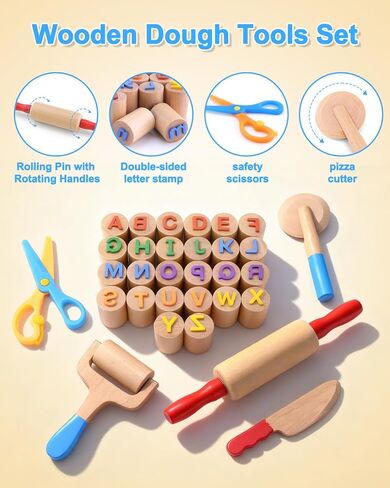 Wooden Dough Tool Kit for Kids, Dough Play Accessories with Rolling Pins, Pizza Cutter, Safety Scissors & 26 Letter Stamps, Educational Alphabet Learning Toys Gift for Toddlers Ages 3–6 in Saudi Arabia