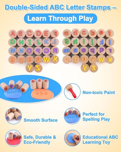 Wooden Dough Tool Kit for Kids, Dough Play Accessories with Rolling Pins, Pizza Cutter, Safety Scissors & 26 Letter Stamps, Educational Alphabet Learning Toys Gift for Toddlers Ages 3–6 in Saudi Arabia