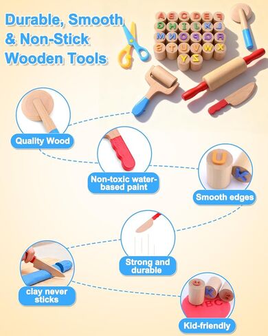Wooden Dough Tool Kit for Kids, Dough Play Accessories with Rolling Pins, Pizza Cutter, Safety Scissors & 26 Letter Stamps, Educational Alphabet Learning Toys Gift for Toddlers Ages 3–6 in Saudi Arabia