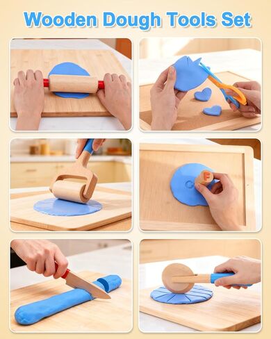 Wooden Dough Tool Kit for Kids, Dough Play Accessories with Rolling Pins, Pizza Cutter, Safety Scissors & 26 Letter Stamps, Educational Alphabet Learning Toys Gift for Toddlers Ages 3–6 in Saudi Arabia