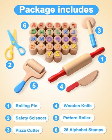 Wooden Dough Tool Kit for Kids, Dough Play Accessories with Rolling Pins, Pizza Cutter, Safety Scissors & 26 Letter Stamps, Educational Alphabet Learning Toys Gift for Toddlers Ages 3–6 in Saudi Arabia