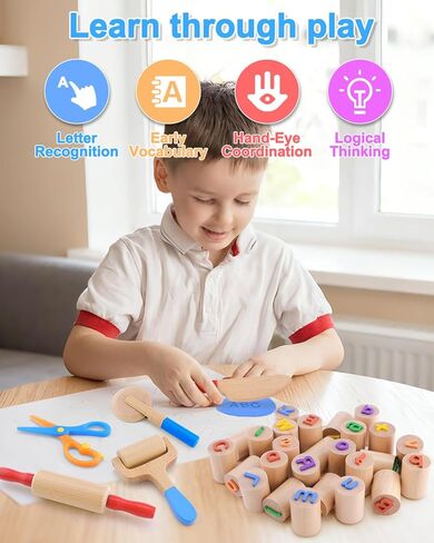 Wooden Dough Tool Kit for Kids, Dough Play Accessories with Rolling Pins, Pizza Cutter, Safety Scissors & 26 Letter Stamps, Educational Alphabet Learning Toys Gift for Toddlers Ages 3–6 in Saudi Arabia