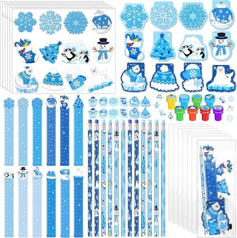 Faccito 168 Pcs Winter Party Favors Snowflake Party Supplies Winter Wonderland Stationery Set Notebook Sticker Stamper Eraser Ruler Pencil for Christmas Baby Shower Birthday Gift Prize in Saudi Arabia