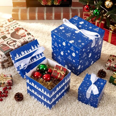 TecUnite 3 Pcs Christmas Stackable Nesting Gift Boxes Decorative Boxes with Lids for Present Wrapping Xmas New Year Holiday Party Xmas Tree Decor(Classic,Red, White) in Saudi Arabia