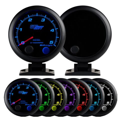 GlowShift Tinted 7 Color 5,000 RPM Diesel Tachometer Gauge - for 4, 6, 8 Cylinder Diesel Engines - Built-in Shift Light - Mounts On Dashboard - Black Dial - Smoked Lens - 3-3/4" 95mm in Saudi Arabia