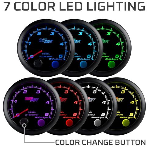 GlowShift Tinted 7 Color 5,000 RPM Diesel Tachometer Gauge - for 4, 6, 8 Cylinder Diesel Engines - Built-in Shift Light - Mounts On Dashboard - Black Dial - Smoked Lens - 3-3/4" 95mm in Saudi Arabia