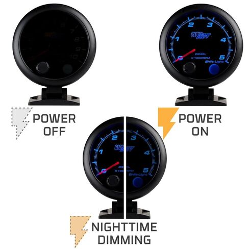 GlowShift Tinted 7 Color 5,000 RPM Diesel Tachometer Gauge - for 4, 6, 8 Cylinder Diesel Engines - Built-in Shift Light - Mounts On Dashboard - Black Dial - Smoked Lens - 3-3/4" 95mm in Saudi Arabia