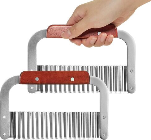 2 Pack Crinkle Cutter for Veggies - Stainless Steel Wavy Potato Chopper Knife w/Wooden Handle - Crinkle Sweet Potato French Fries Slicer Cut Tool for Chopping Carrots, Cucumber, Soap Cutting in Saudi Arabia