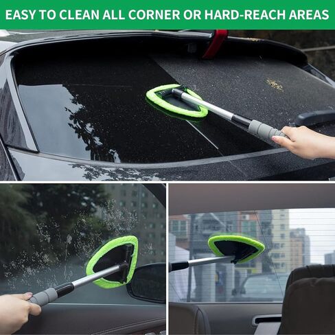Windshield Cleaner Tool – Car Interior Glass Cleaning Kit with Extendable Handle & 4 Microfiber Pads, Auto Glass Wash Brush for Car Detailing, Trucks, SUVs, RVs & Home Windows in Saudi Arabia