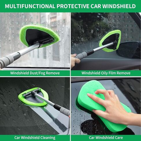 Windshield Cleaner Tool – Car Interior Glass Cleaning Kit with Extendable Handle & 4 Microfiber Pads, Auto Glass Wash Brush for Car Detailing, Trucks, SUVs, RVs & Home Windows in Saudi Arabia