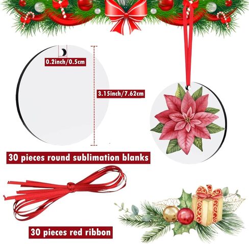 30 Pack Sublimation Ornament Blanks, 3" Round Sublimation Christmas Ornament Blanks Bulk with Ropes Kit, Personalized Sublimation Ornament for Christmas Decorations Indoor in Saudi Arabia