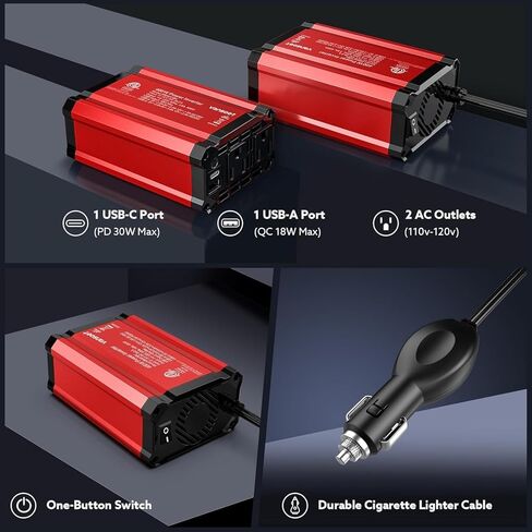 400W Power Inverter: Car Inverter with PD 30W USB C Port and QC 18W USB Port - 48W Max USB Output - DC 12V to AC 110V Inverter - Car Plug Adapter Outlet Inverter for Laptop, Phones, Camera in Saudi Arabia